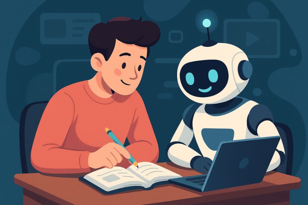 Illustration of a student teaching a friendly robot using a book and laptop in a cozy digital learning environment