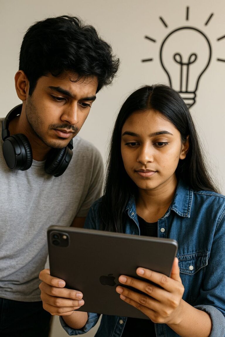 Photo of two South Asian students looking at a tablet with a glowing idea bulb drawn on the wall behind them, symbolizing creativity and learning watching How students can earn money teaching AI
