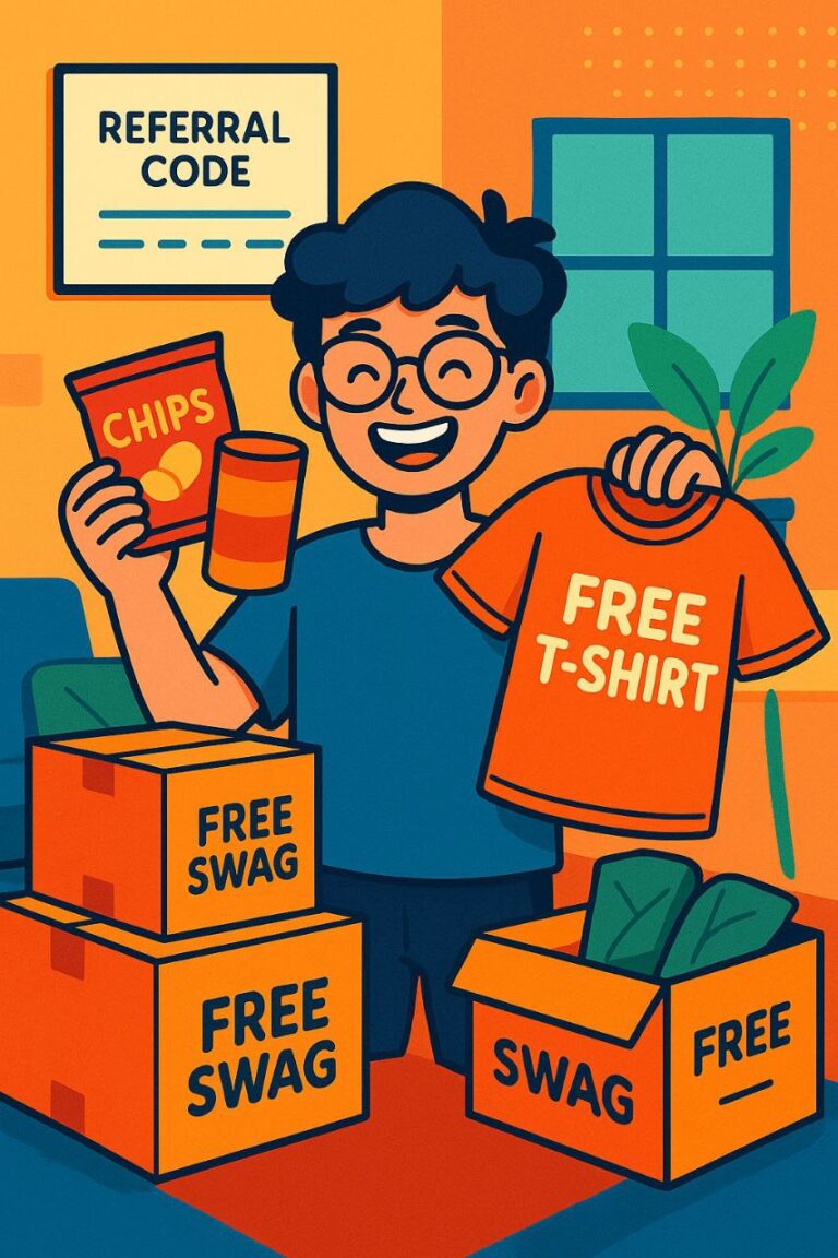 Happy student with free snacks and T shirts earned online through referral programs and campus ambassador gigs