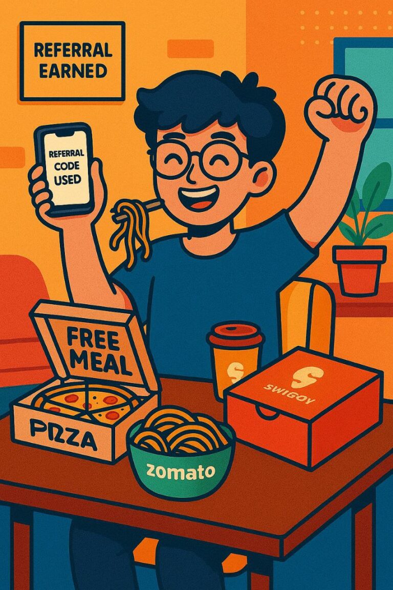 Student enjoying a free meal with food boxes and a referral code app on phone screen,representing free old earned using referral