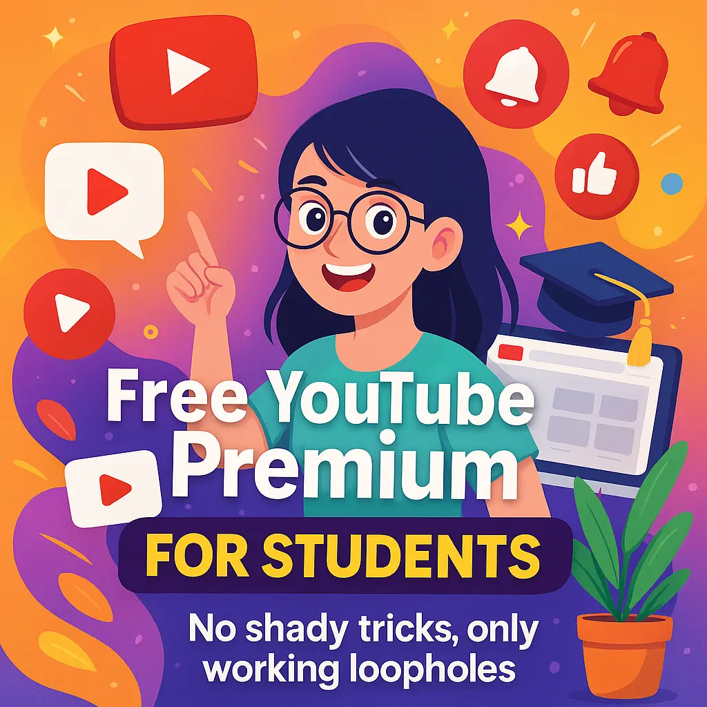 Free YouTube Premium for Students – Promotional illustration showing a student enjoying ad-free video streaming and YouTube Music on multiple devices.