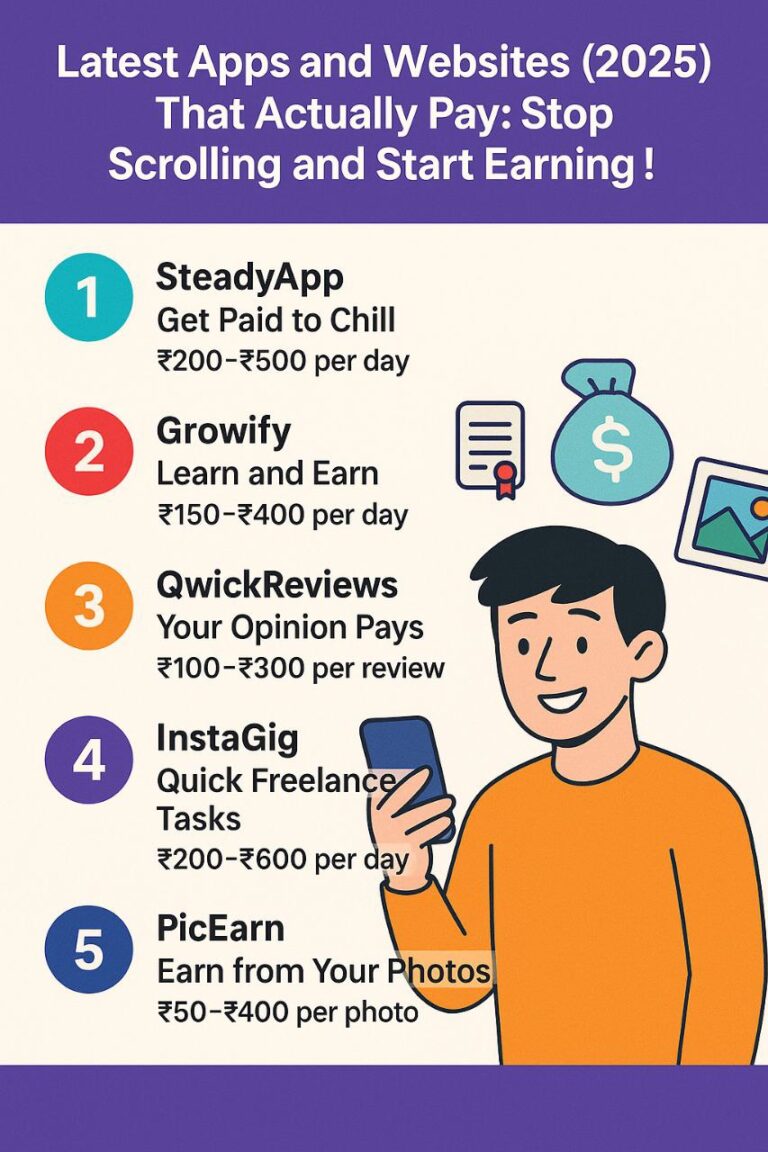 Colorful digital graphic promoting latest apps and websites that actually pay in 2025, featuring coins, money icons, and mobile screens.