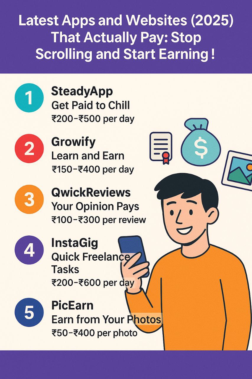 Colorful digital graphic promoting latest apps and websites that actually pay in 2025, featuring coins, money icons, and mobile screens.