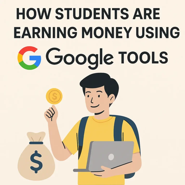A flat-style illustration showing a student earning money using Google tools like Google Forms, Docs, and Blogger