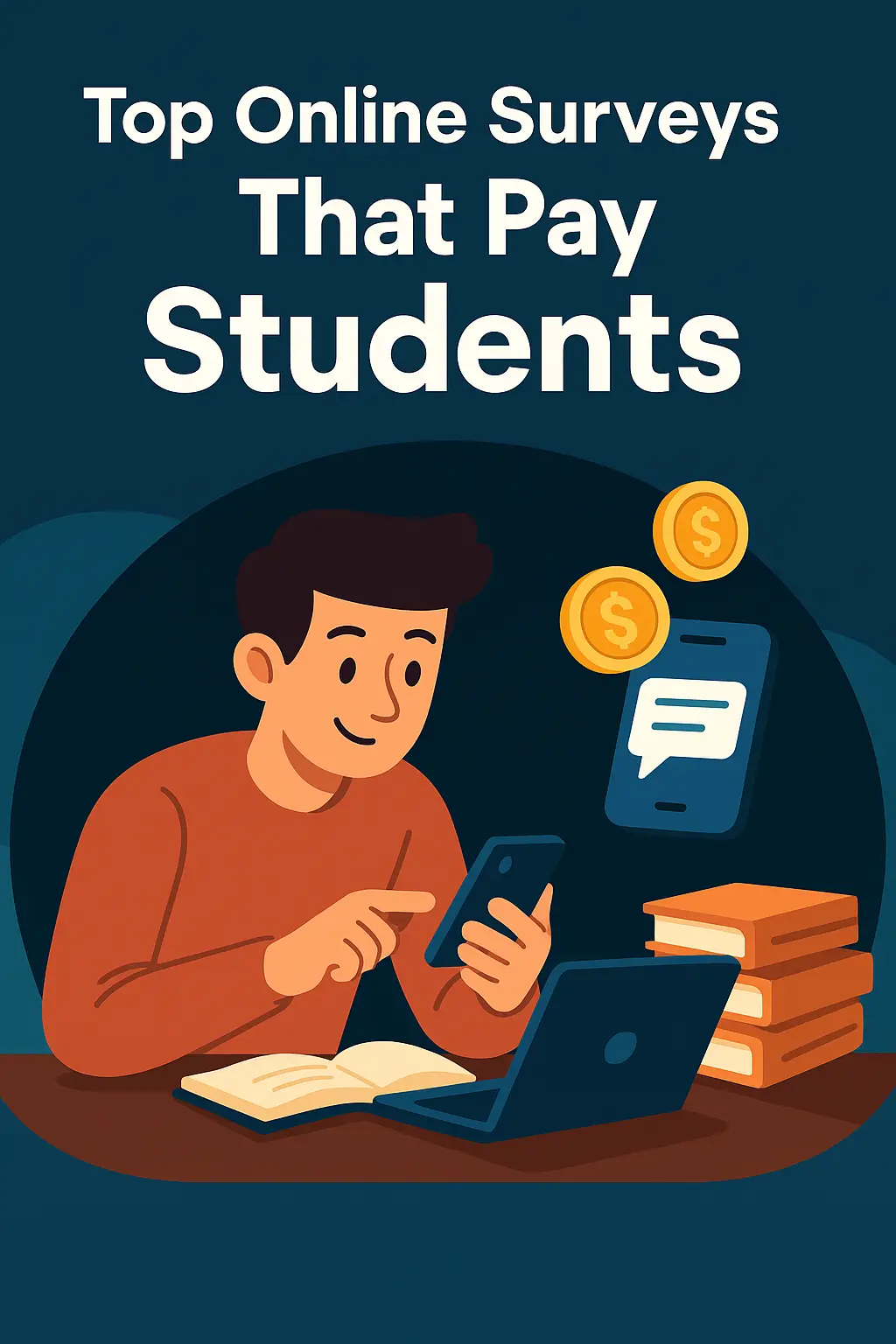 A colorful illustration showing students earning rewards from online surveys, representing online surveys that pay students
