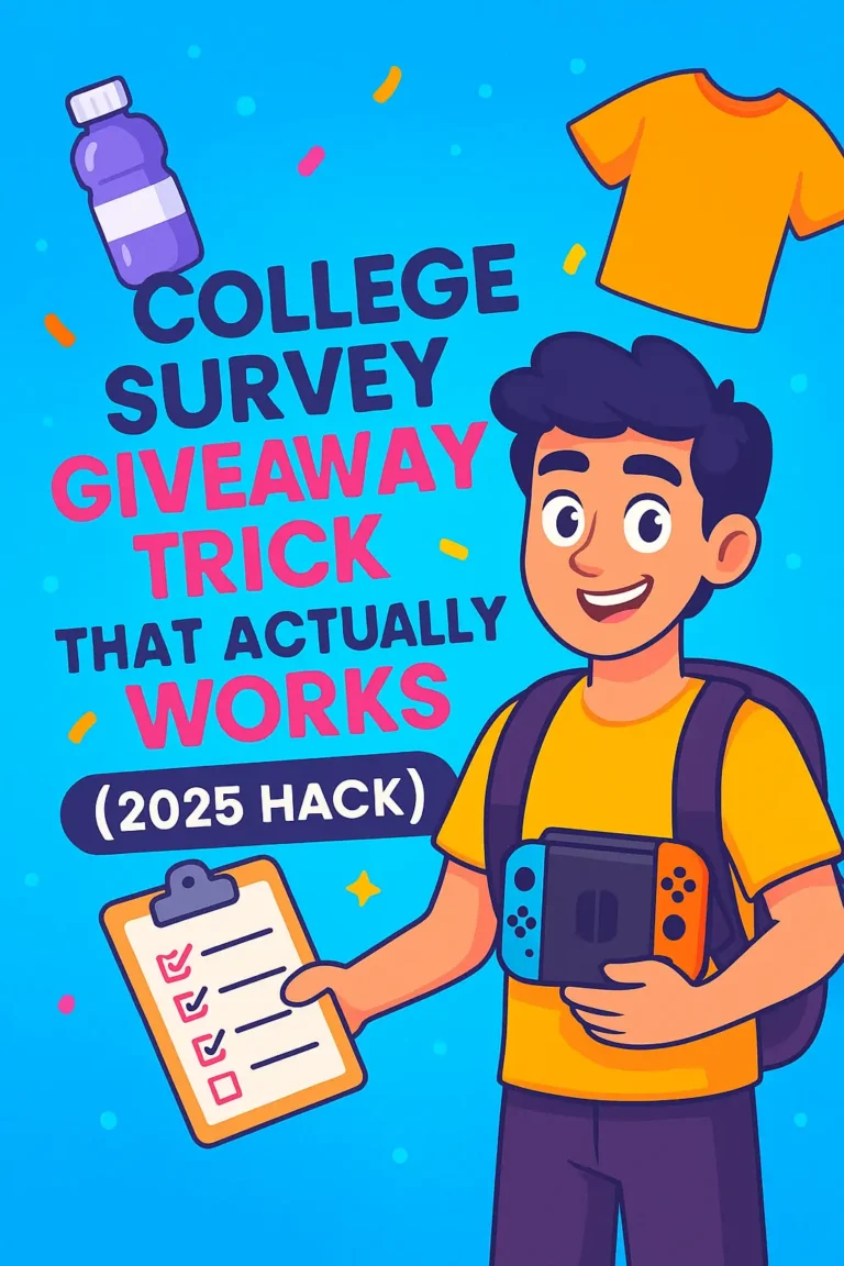 Colorful image representing the College Survey Giveaway Trick That Actually Works (2025 Hack), with students receiving freebies like t-shirts and coupons.