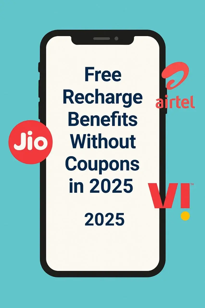 Illustration showing mobile phone with Jio, Airtel, and Vi logos – free recharge benefits without coupons