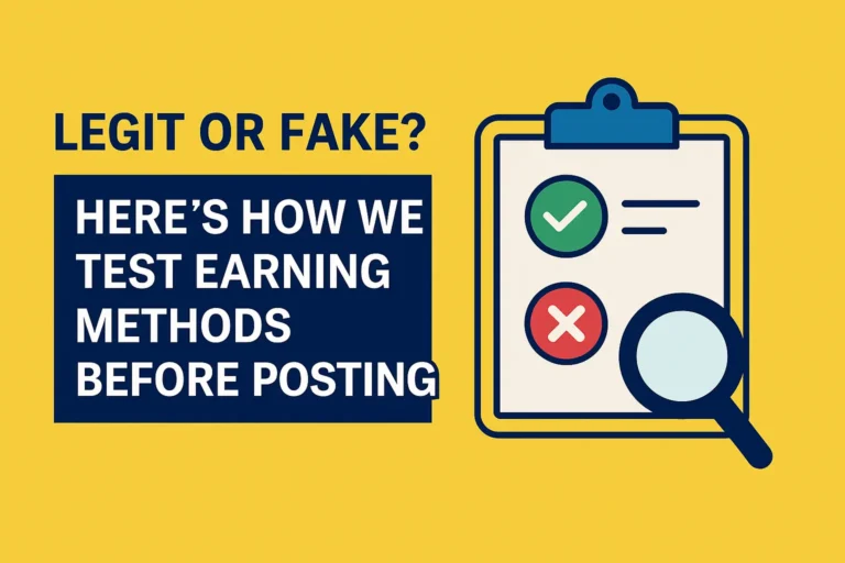 A digital graphic asking “How We Test Earning Methods” with icons of checklists, apps, and verified badges