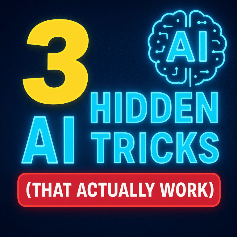 Featured image showing bold modern text ‘3 Hidden AI Tricks’ with neon digital elements and futuristic graphics representing advanced AI techniques.
